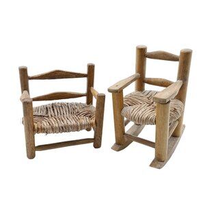 Vintage Wooden Doll Chairs - Rustic Woven Mini Furniture Set Rocking & Armchair